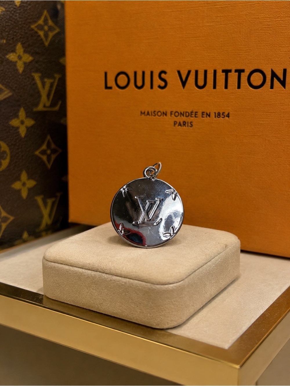 Louis Vuitton Stamped Silver Round Monogram Charm Pendant 😍
